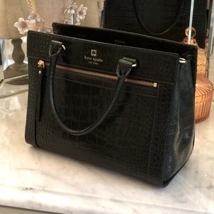 KATE SPADE DARK GREEN CROC-EMBOSSED SATCHEL